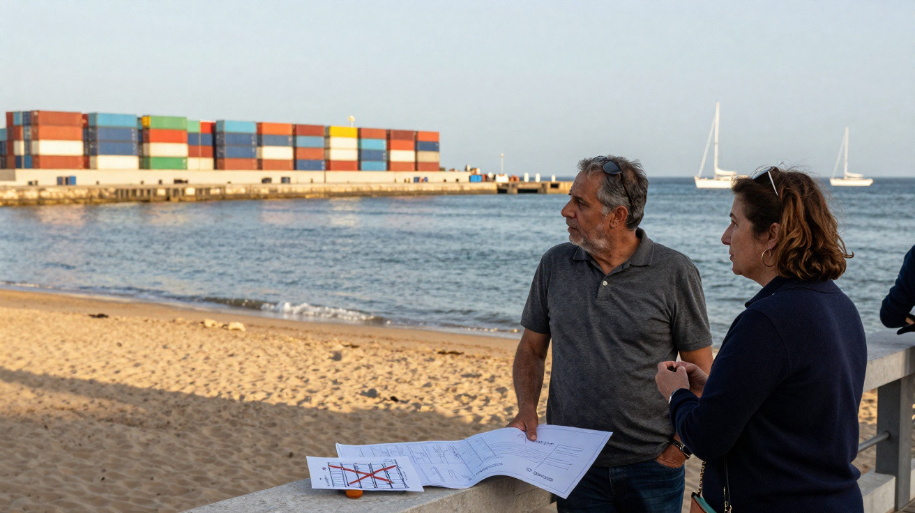 Zwei Personen am Strand mit Plänen in der Hand, im Hintergrund Container und Segelboote auf dem Meer.