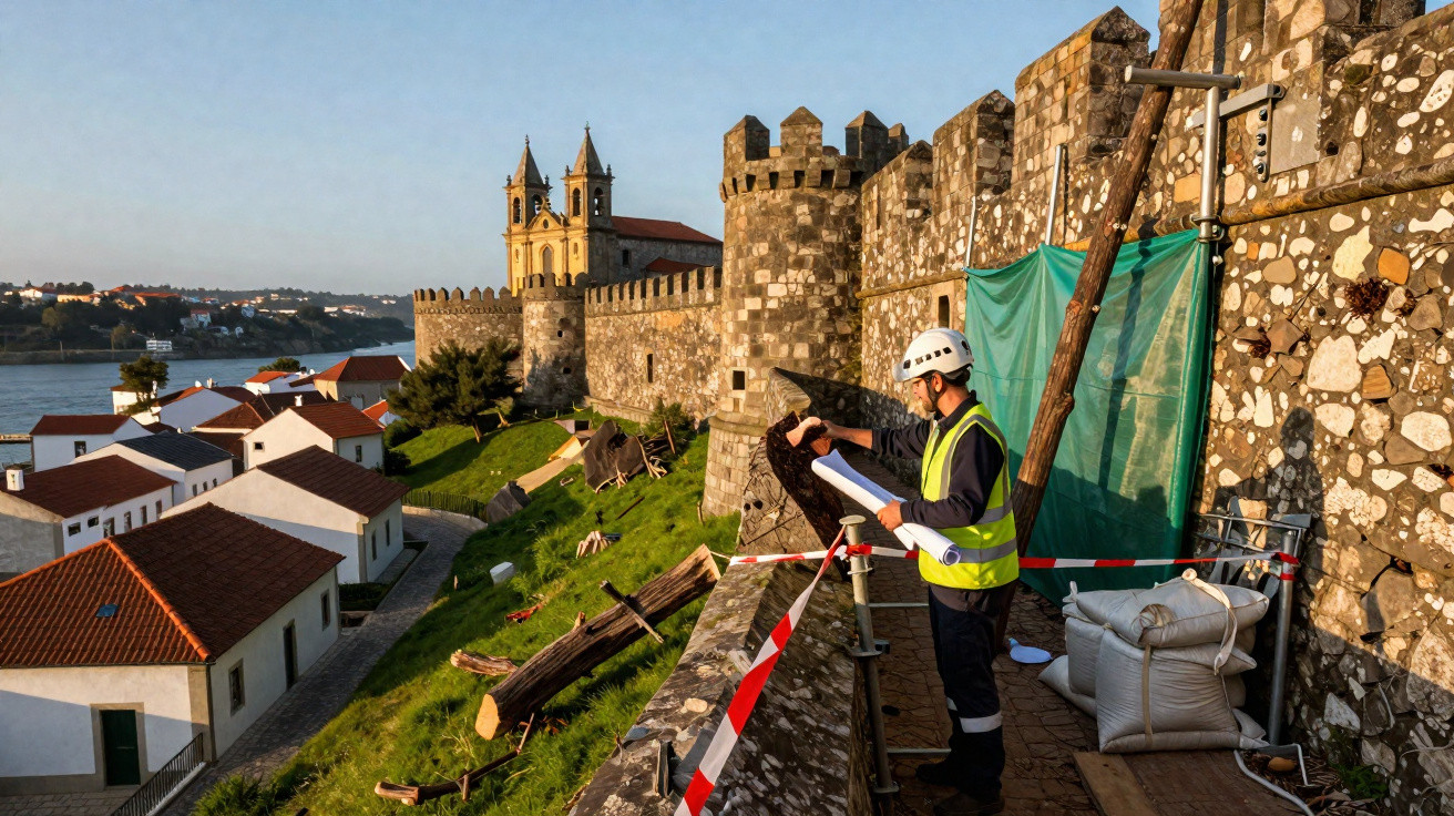 Bauarbeiter mit Helm prüft Pläne an einer historischen Steinmauer bei Sonnenuntergang in einer Kleinstadt.