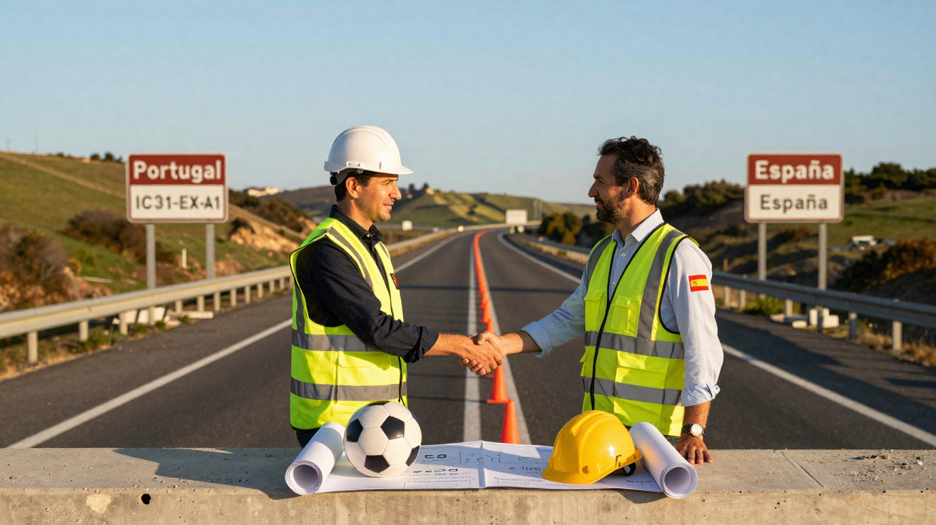 Zwei Bauarbeiter mit Warnwesten und Schutzhelmen schütteln sich an einer Straßengrenze zwischen Portugal und Spanien die Hand