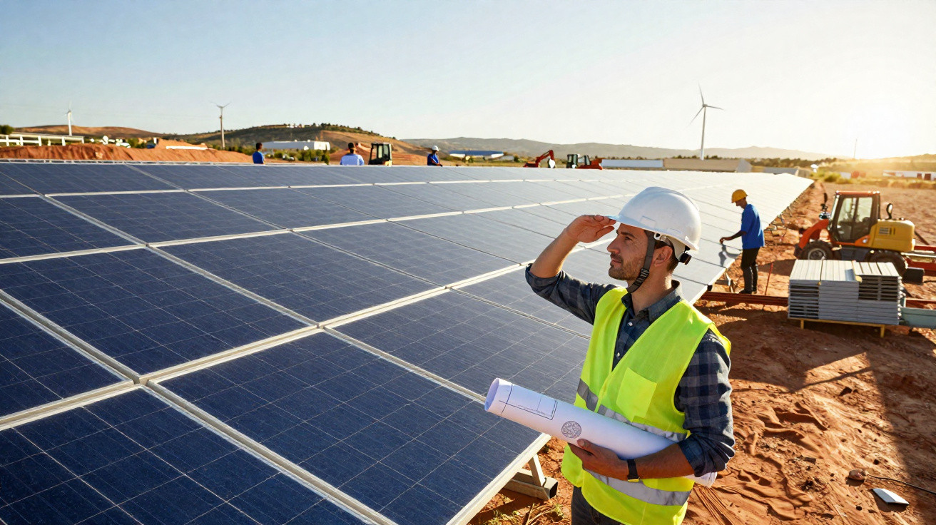 Ingenieur mit Schutzhelm und Bauplan prüft Solarpanels auf sonniger Baustelle mit Windrädern im Hintergrund.