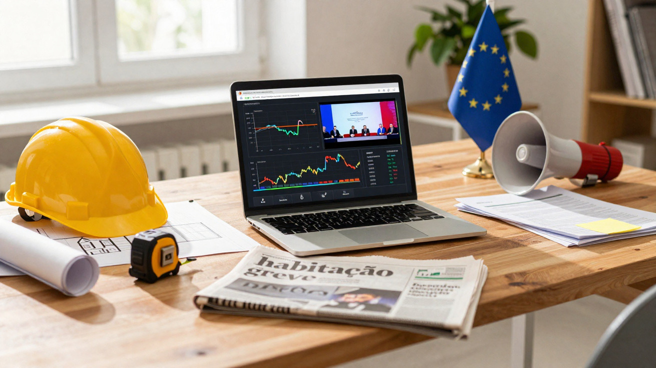 Arbeitsplatz mit Bauhelm, Laptop mit Diagrammen, Zeitung, Megafon und EU-Flagge auf Holztisch.