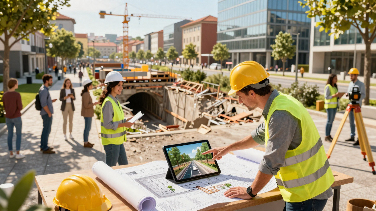 Ingenieure mit Schutzhelmen und Warnwesten planen Straßenbau neben einer Baustelle in der Stadt.
