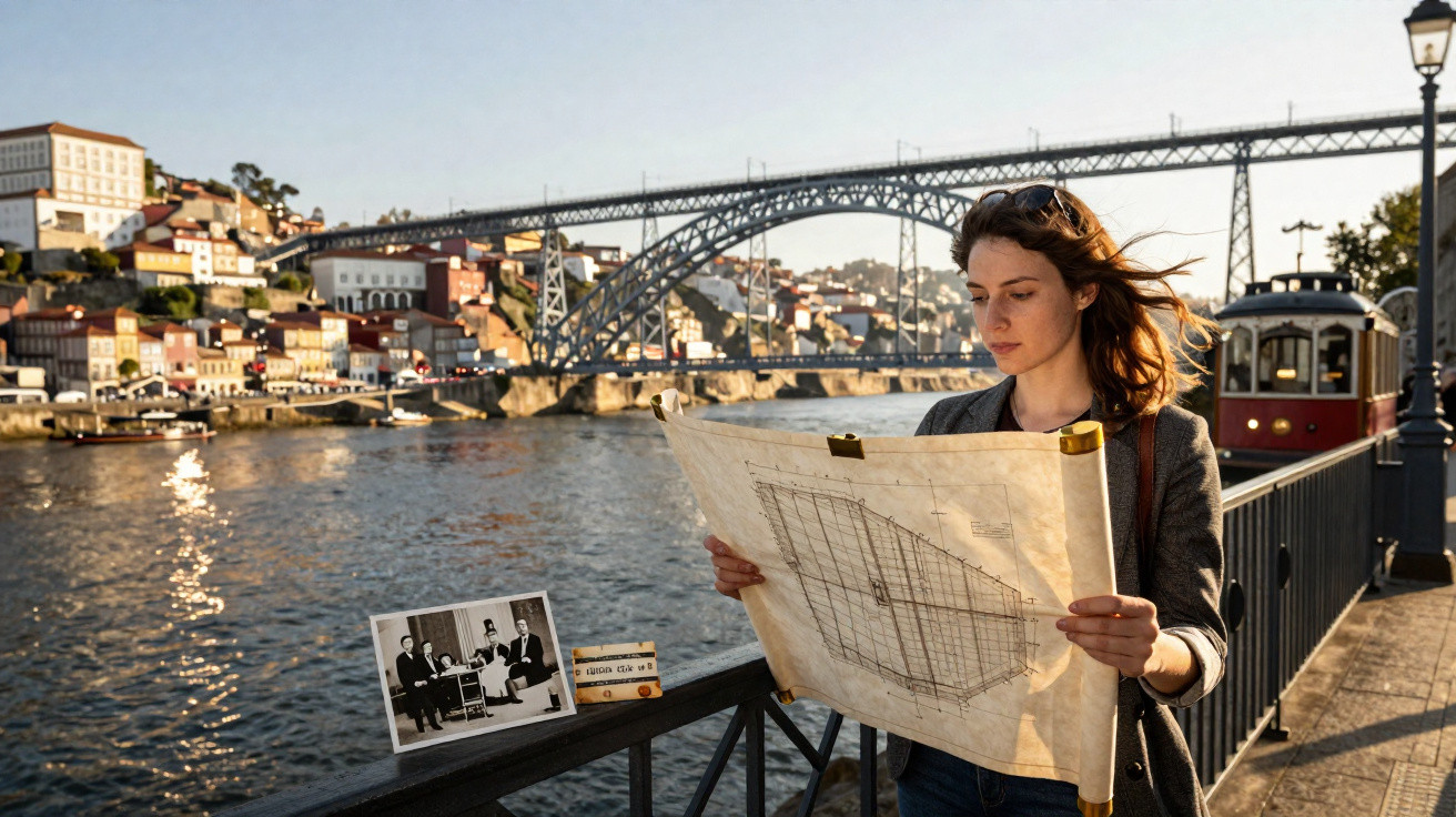Frau liest Bauplan an Flussufer mit Brücke, historische Straßenbahn und Stadt im Hintergrund bei Sonnenlicht.