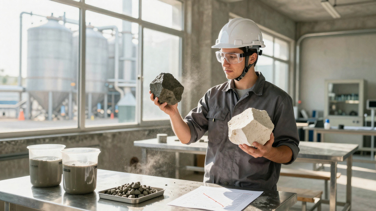 Ingenieur mit Schutzhelm untersucht Betonproben in Labor mit Fenstern und technischer Ausrüstung im Hintergrund.