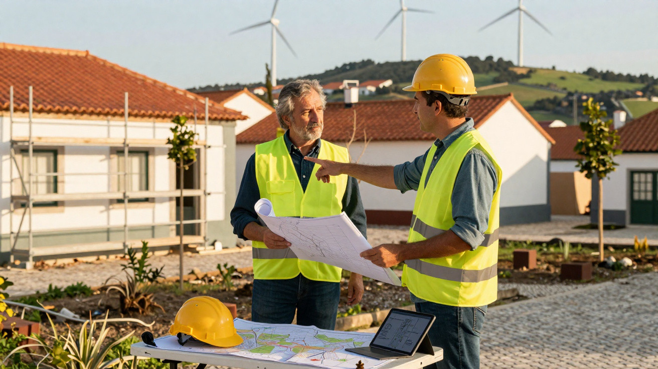 Zwei Bauarbeiter mit Schutzwesten besprechen Pläne auf einer Baustelle mit Windrädern im Hintergrund.