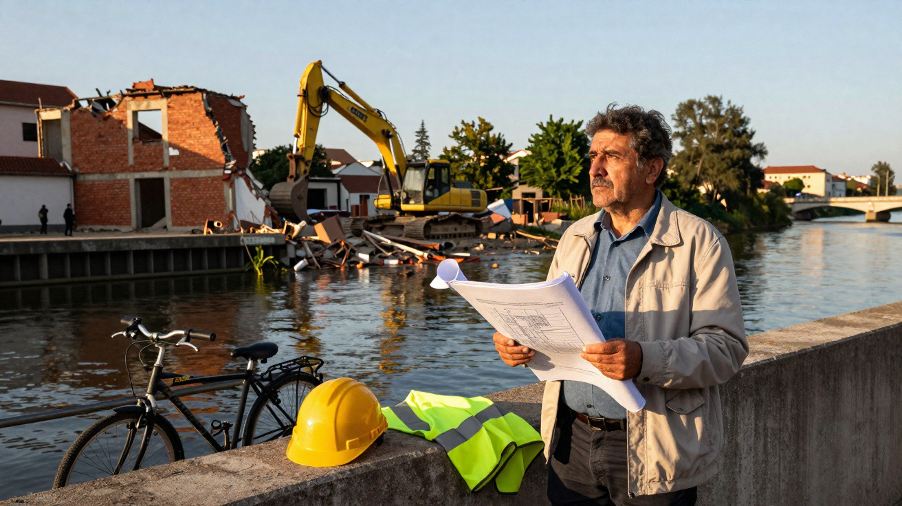 Mann mit Bauplänen steht an Flussufer vor Abrissgebiet mit Bagger und Fahrrad im Hintergrund.