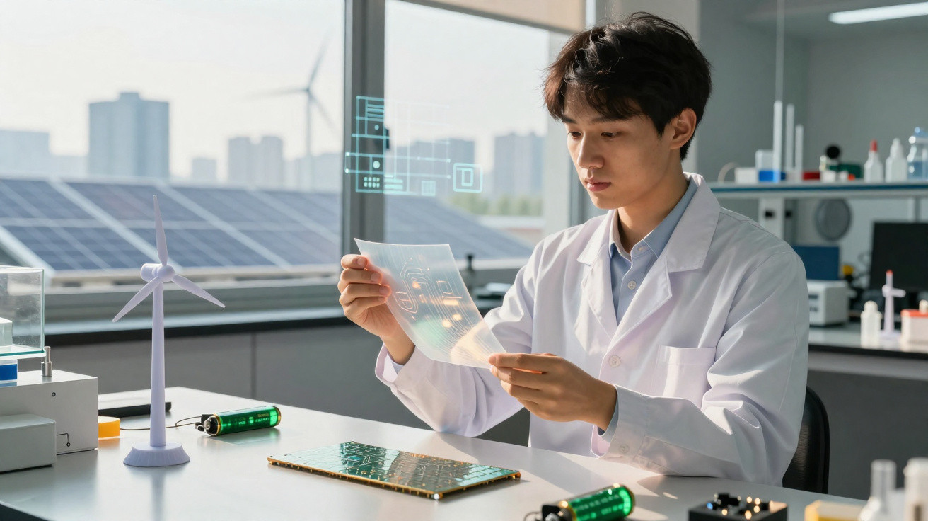 Wissenschaftler im Labor untersucht transparente elektronische Schaltung vor Solarzellen und Windmodell.