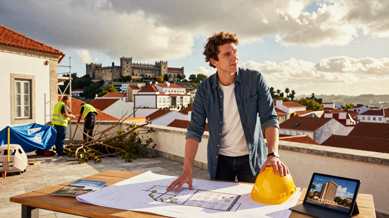Junger Architekt mit Bauhelm steht auf Dachterrasse und betrachtet Baupläne, Burg und Stadt im Hintergrund.