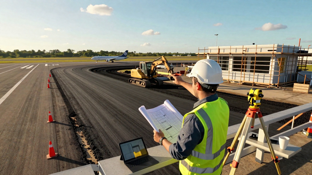 Bauarbeiter mit Helm und Warnweste überprüft Baupläne an Flughafen-Startbahn mit Baumaschinen und Flugzeug im Hintergrund.