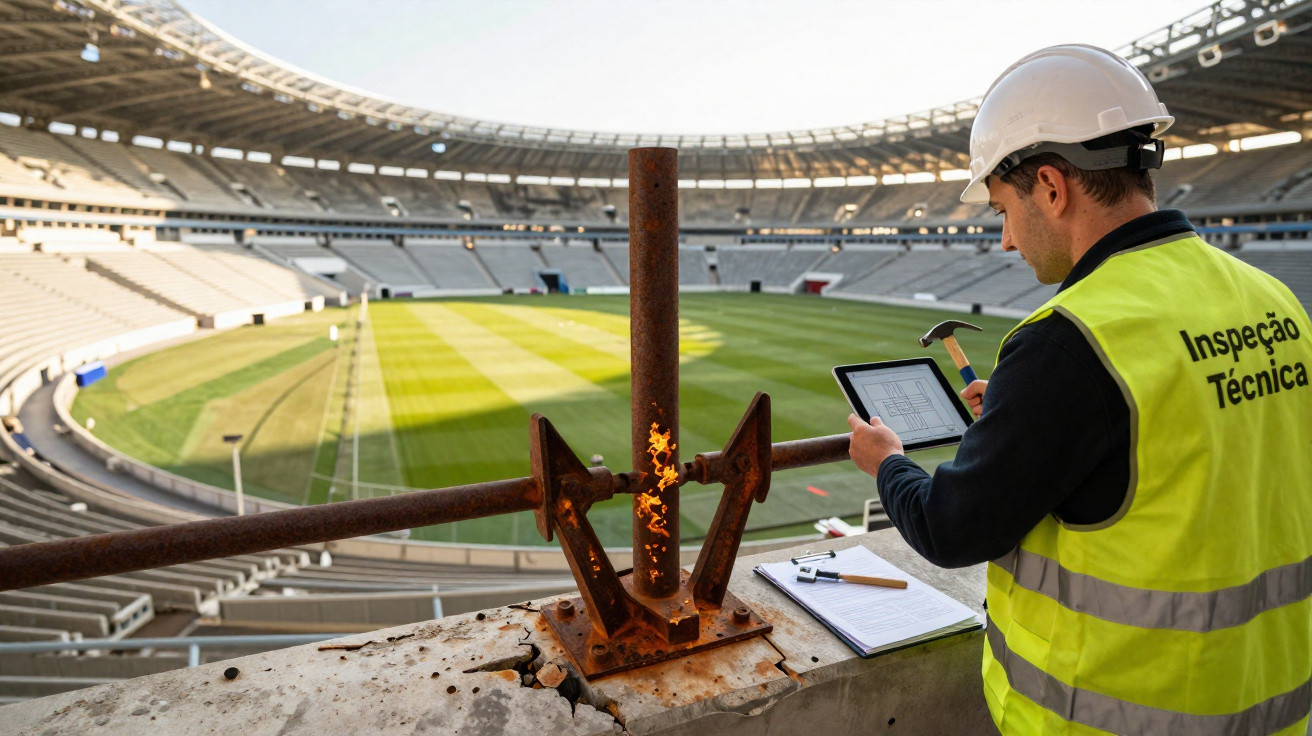 Techniker mit Schutzhelm und Hammer inspiziert Rost an Geländer im leeren Stadion mit Tablet und Klemmbrett.