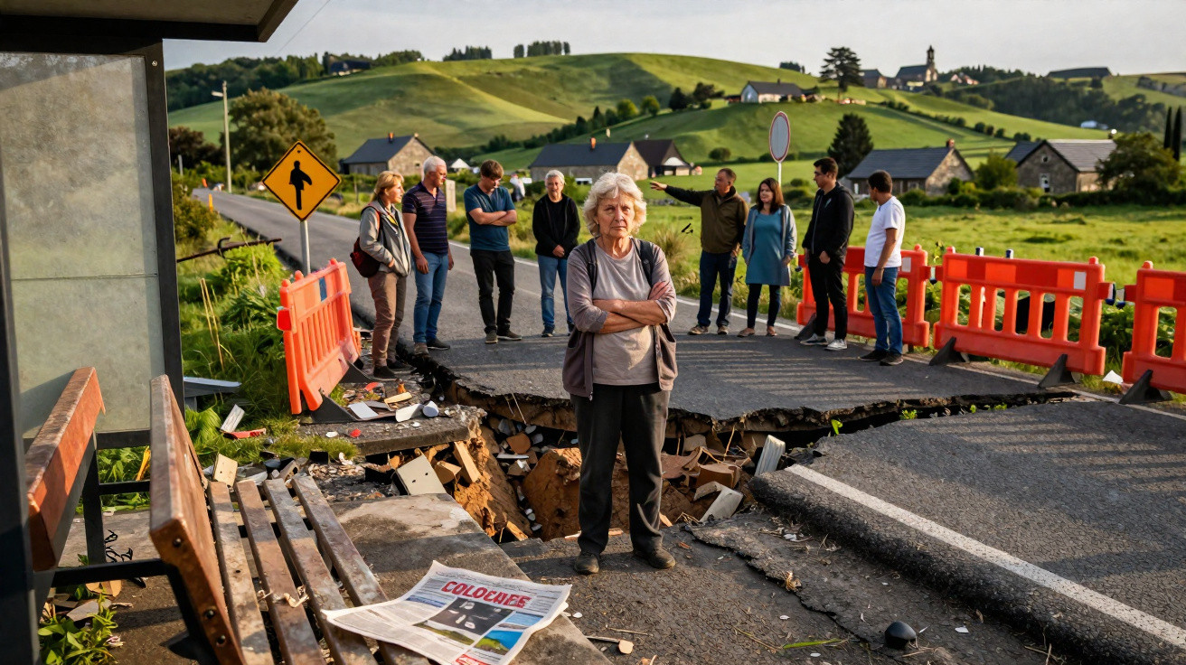 Ältere Frau steht vor einer zerstörten Straße mit riesigem Erdloch, einige Menschen beobachten im Hintergrund.