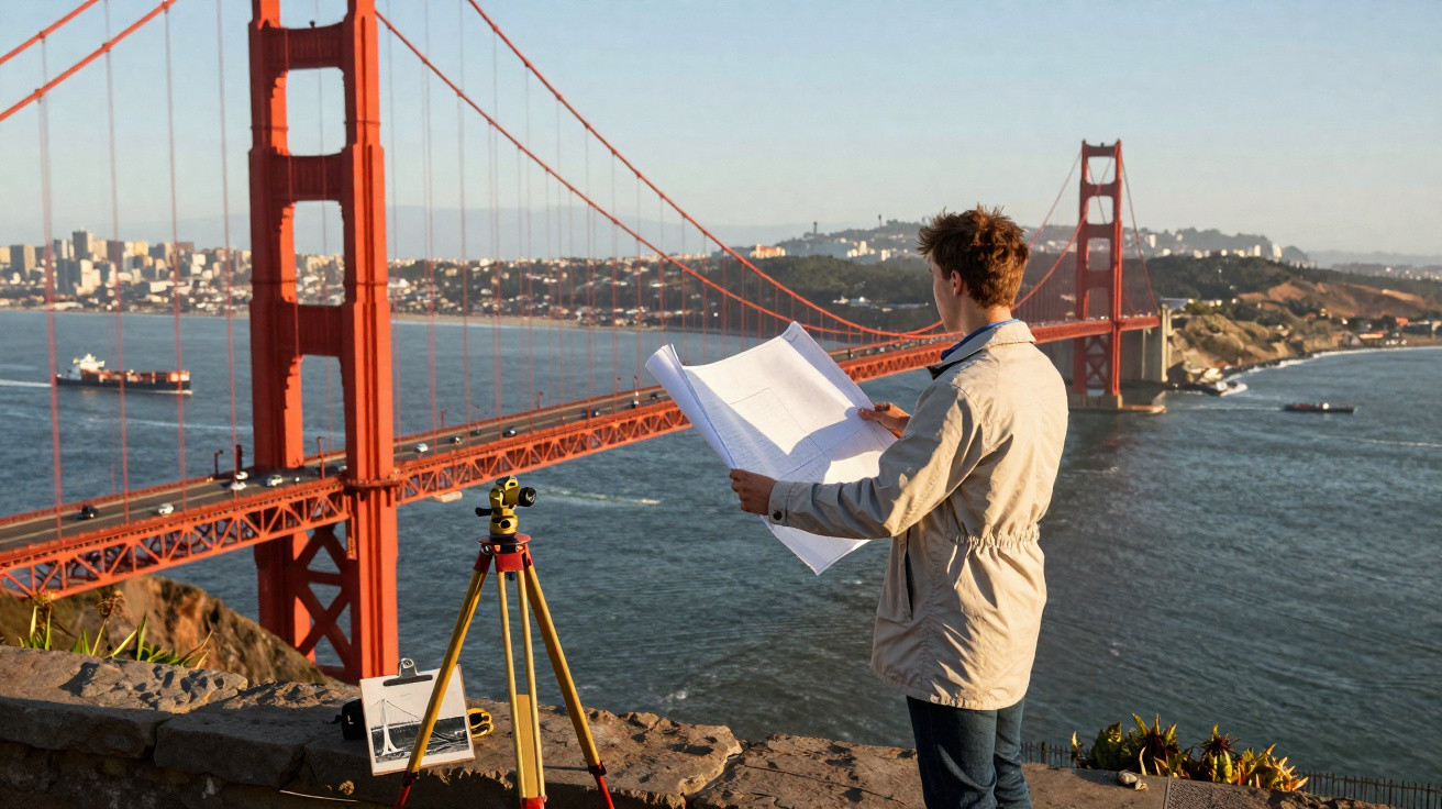 Ingenieur mit Plänen und Vermessungsgerät vor der Golden Gate Bridge in San Francisco am Wasserufer