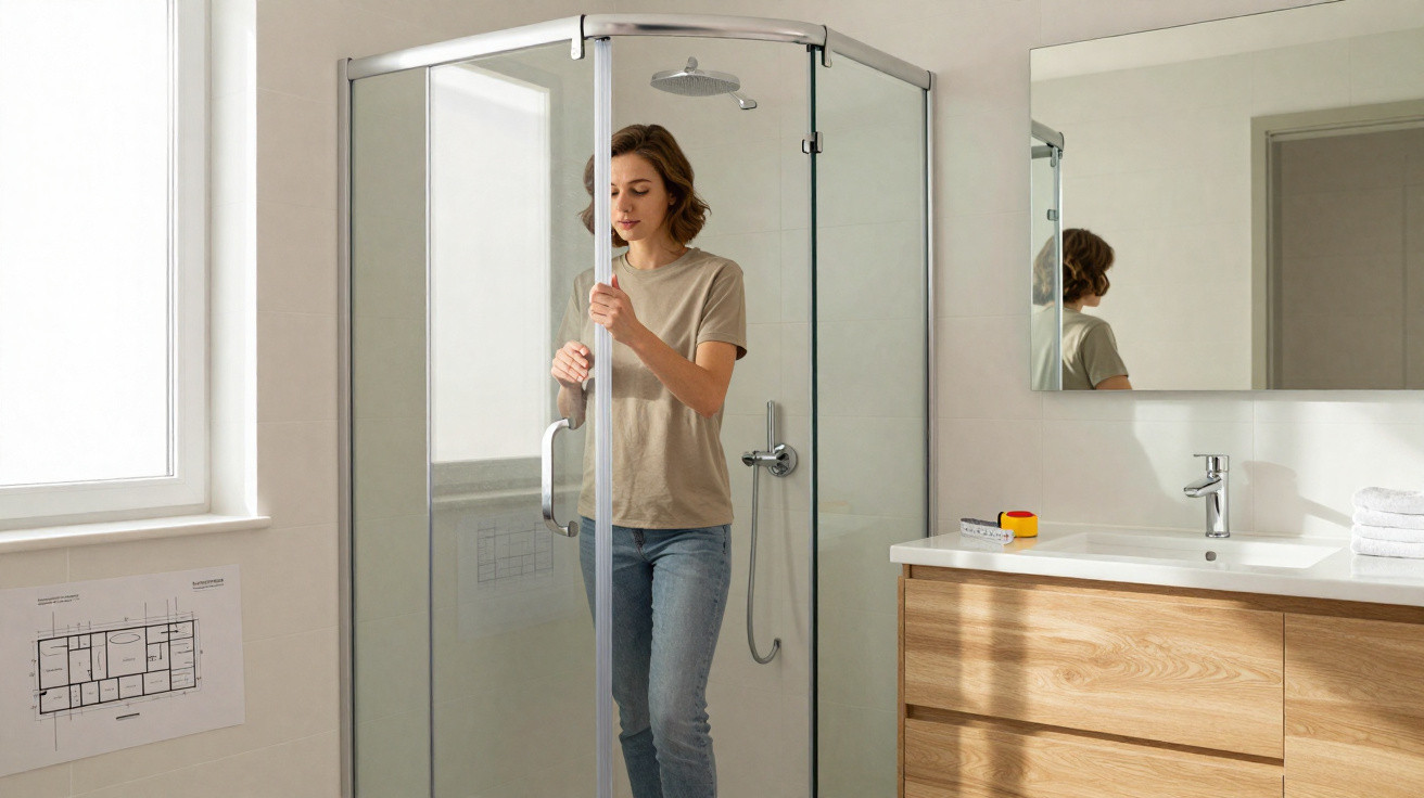 Frau öffnet Glastür einer modernen Dusche in einem hellen Bad mit Holzwaschtisch und großem Spiegel.