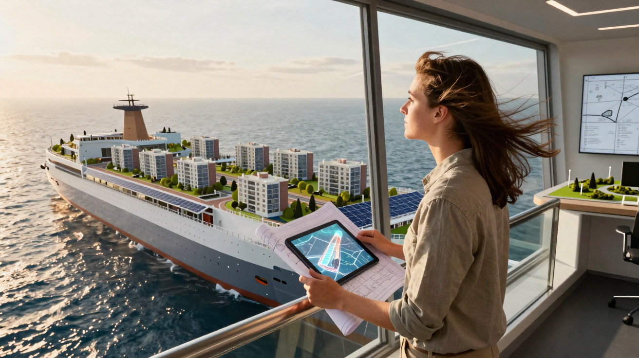 Frau betrachtet von Bord aus ein Schiff mit Miniaturgebäuden und Solarpaneelen bei Sonnenuntergang auf dem Meer.