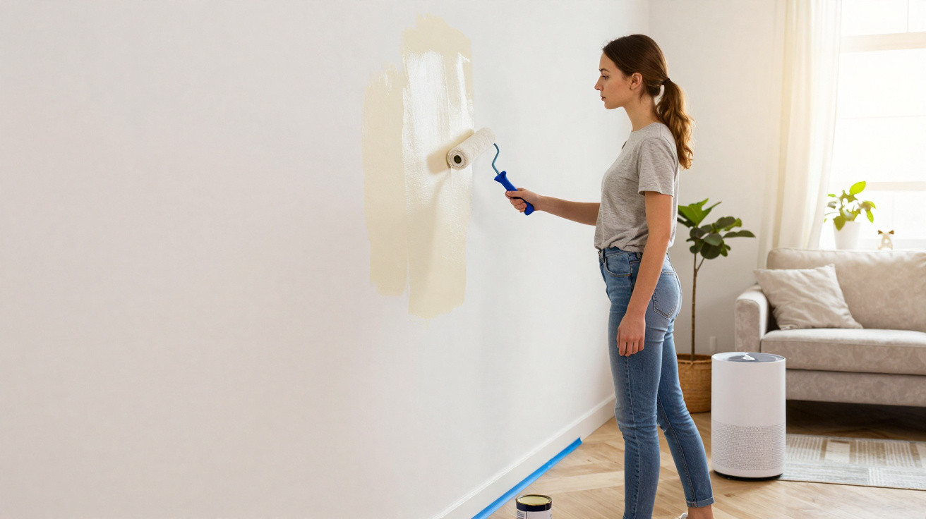 Frau streicht mit Farbrolle eine Wand in einem hellen Wohnzimmer mit Sofa und Luftreiniger.