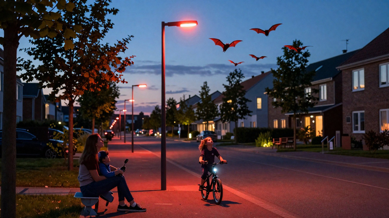 Kind fährt abends mit Fahrrad, Mutter sitzt auf Bank, Fledermäuse fliegen über ruhige Wohnstraße