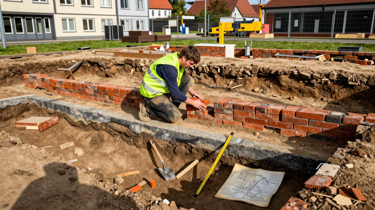 Handwerker mit Warnweste mauert eine Ziegelmauer auf einer Baustelle mit Bauplan und Werkzeugen im Graben.