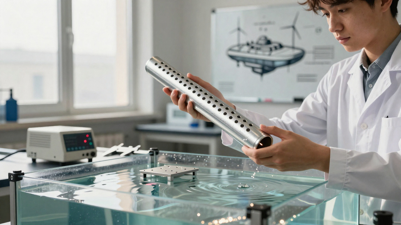 Wissenschaftler untersucht Metallzylinder über Wassertank im Labor mit Technologie- und Technikdiagramm im Hintergrund.