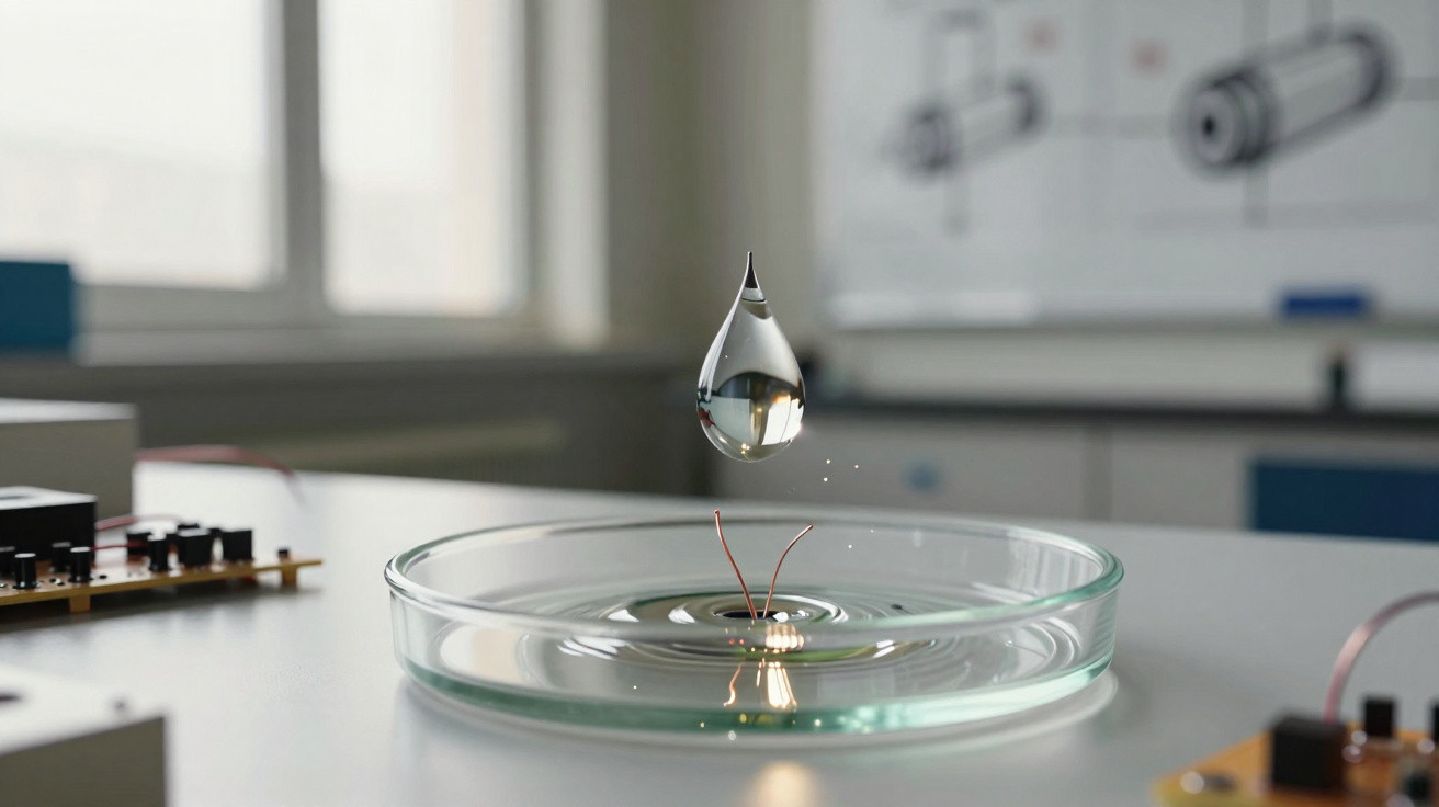 Wassertropfen schwebt über einer Petrischale in einem Labor mit technischem Equipment im Hintergrund.