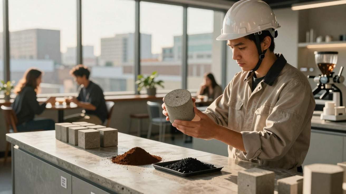 Ingenieur mit Schutzhelm untersucht Betonzylinder in modernem Labor mit Proben und Bodenmaterialien.