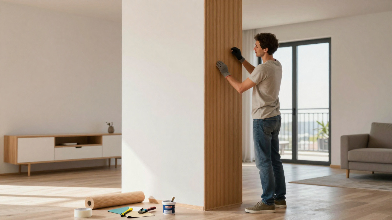 Mann bringt Holzpaneele an einer Säule in einem hellen, modernen Wohnzimmer an.