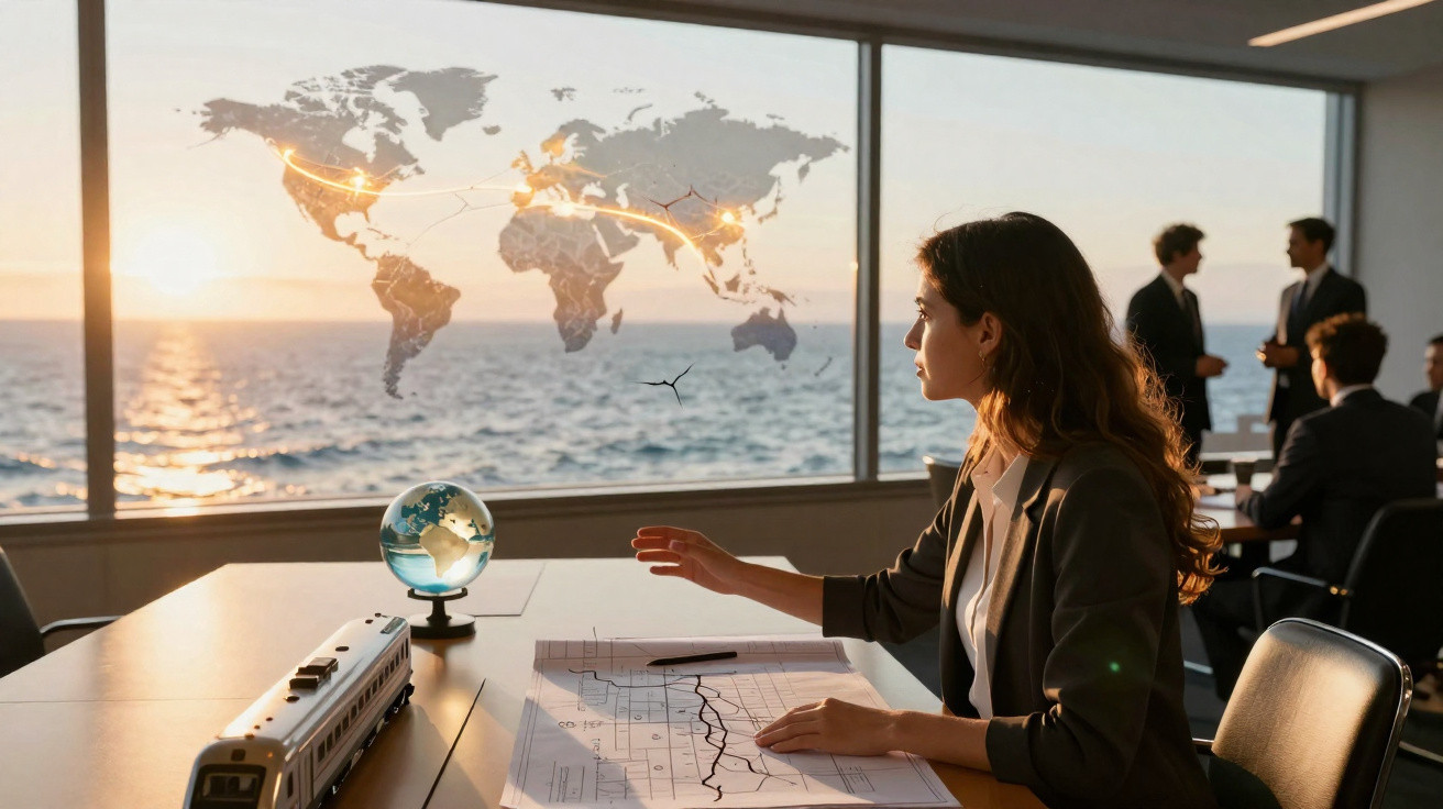 Frau analysiert Weltkarte mit globalen Verbindungen am Meer, Meeting mit Geschäftsleuten im Hintergrund.