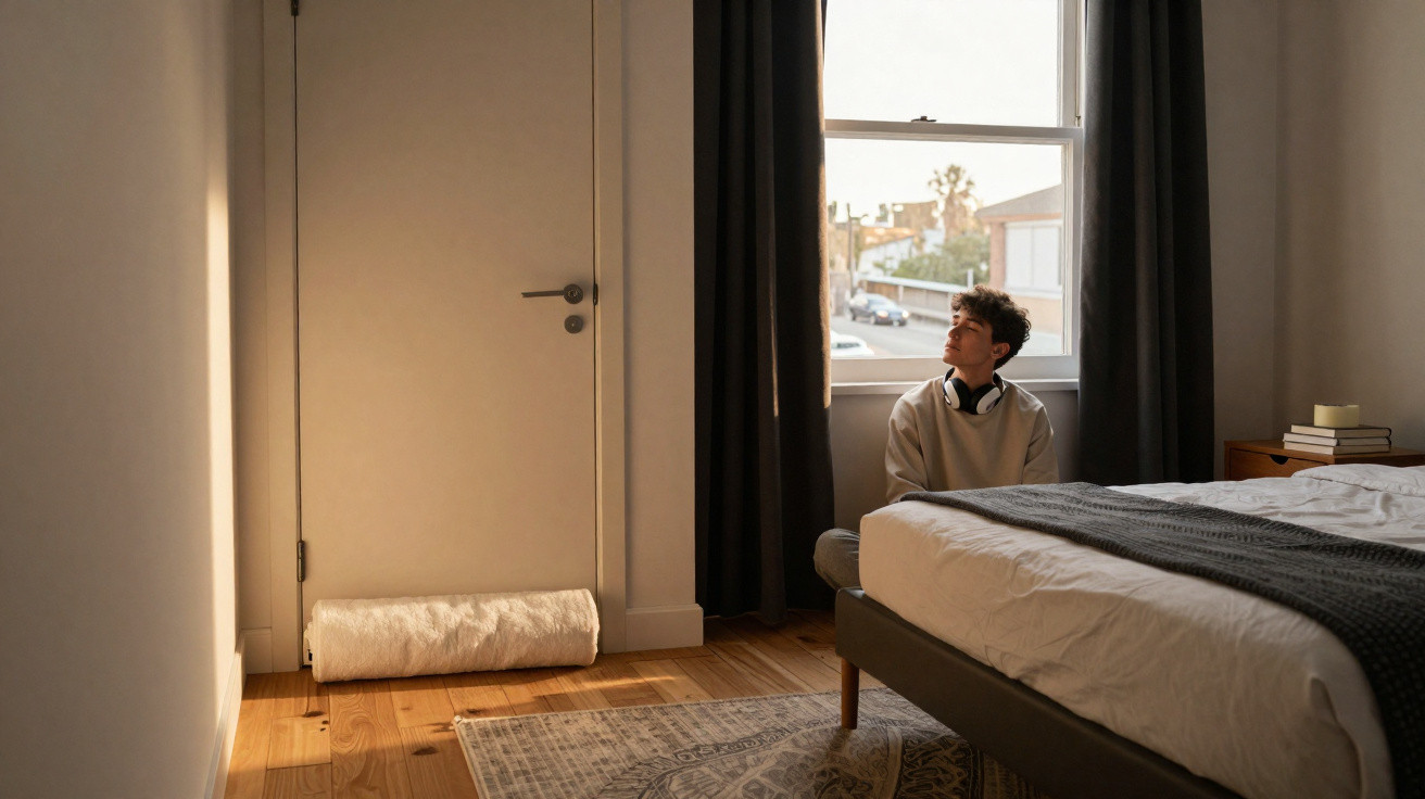 Junger Mann sitzt am Fenster in einem Schlafzimmer und schaut nach draußen.
