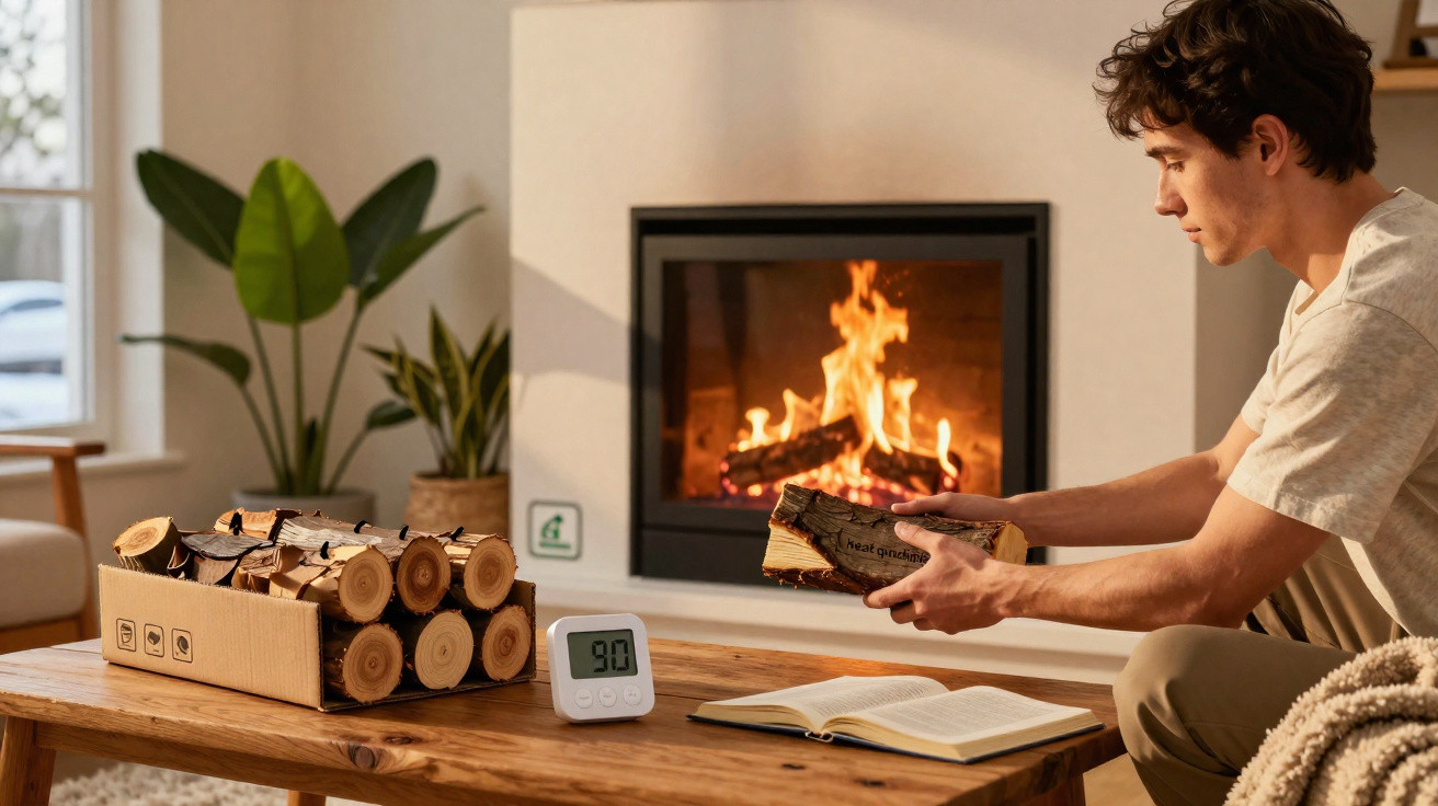 Junger Mann legt Holzscheite in einen Kamin, Holzbündel auf Tisch mit offenem Buch und digitalem Timer.