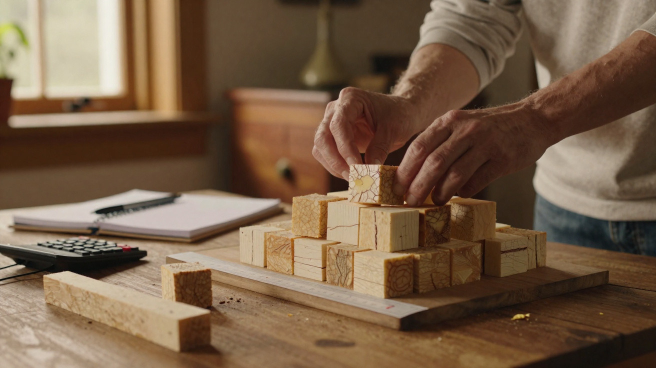 Person baut aus Holzklötzen eine Pyramide auf einem Holztisch mit Lineal, Taschenrechner und Notizbuch.