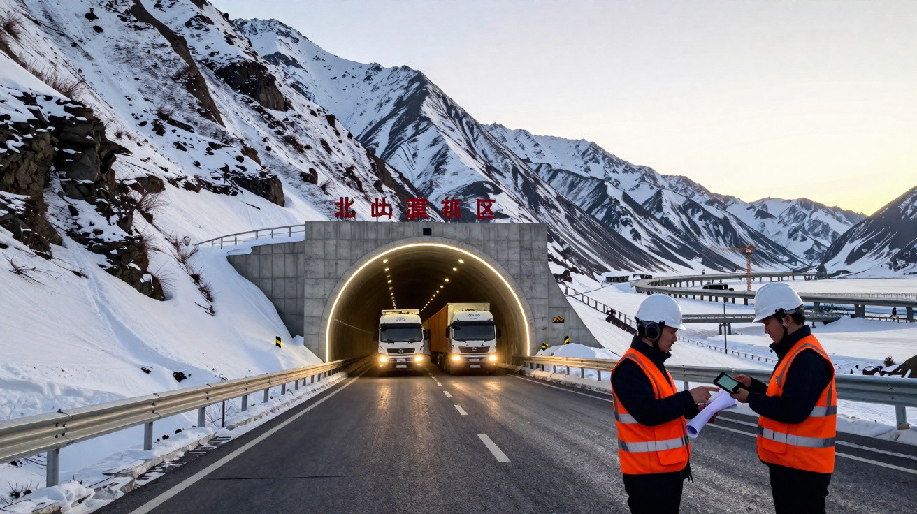 Tunnelportal in verschneiten Bergen, zwei LKW fahren heraus, zwei Ingenieure mit Schutzhelmen und Warnwesten stehen rechts.