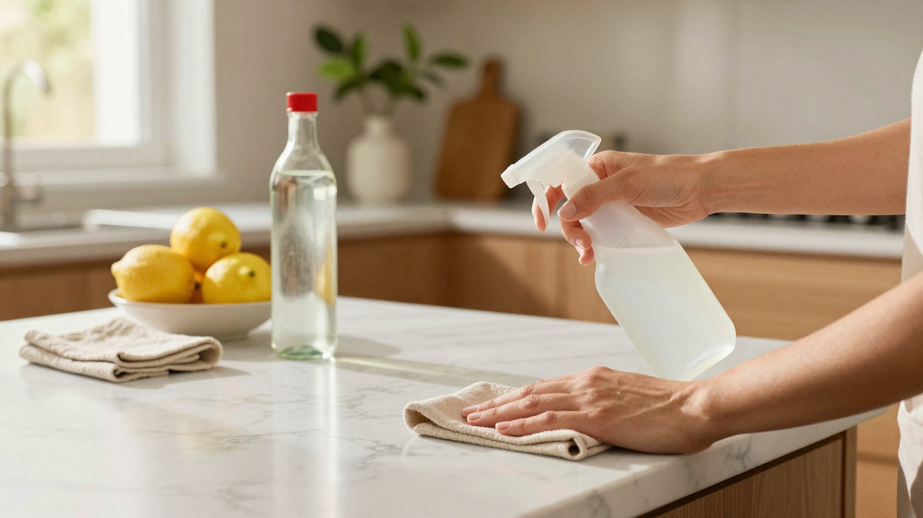 Hand sprüht Reinigungsmittel auf Tuch auf Marmor-Küchenarbeitsplatte mit Zitronen und Flasche im Hintergrund.