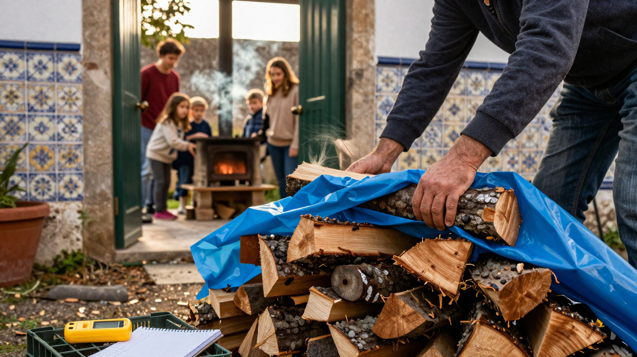 Person deckt Holzstapel mit blauer Plane ab, während im Hintergrund Familie am Kaminfeuer steht.