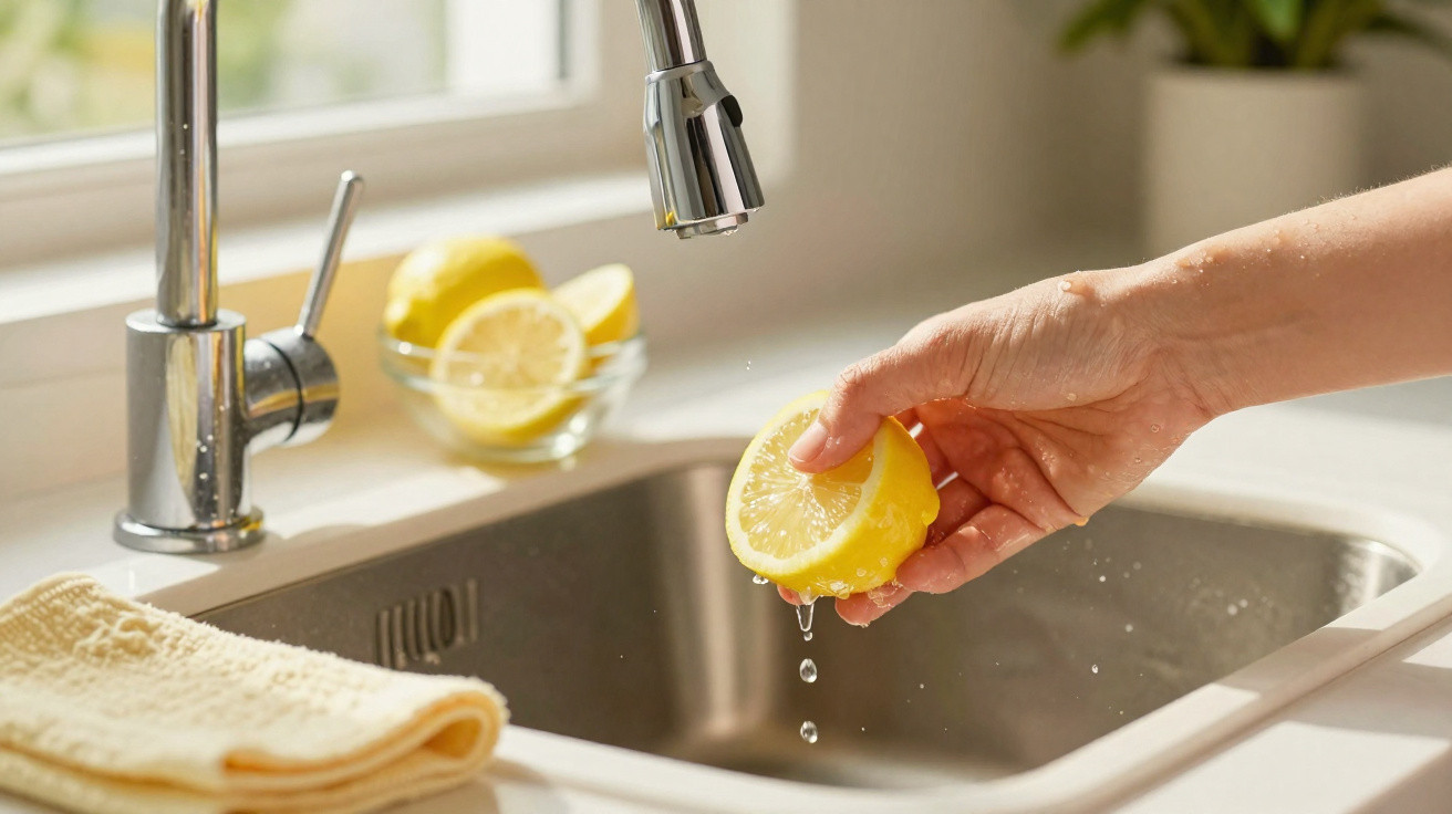Hand drückt halbe Zitrone über Spüle mit Edelstahlarmatur, im Hintergrund Schale mit Zitronen.