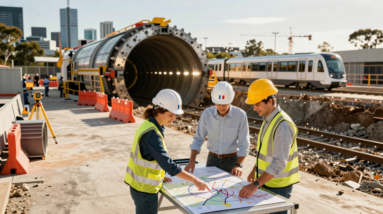 Drei Bauingenieure mit Schutzhelmen und Warnwesten prüfen Baupläne auf einer Baustelle neben Gleisen und Tunnelröhre.