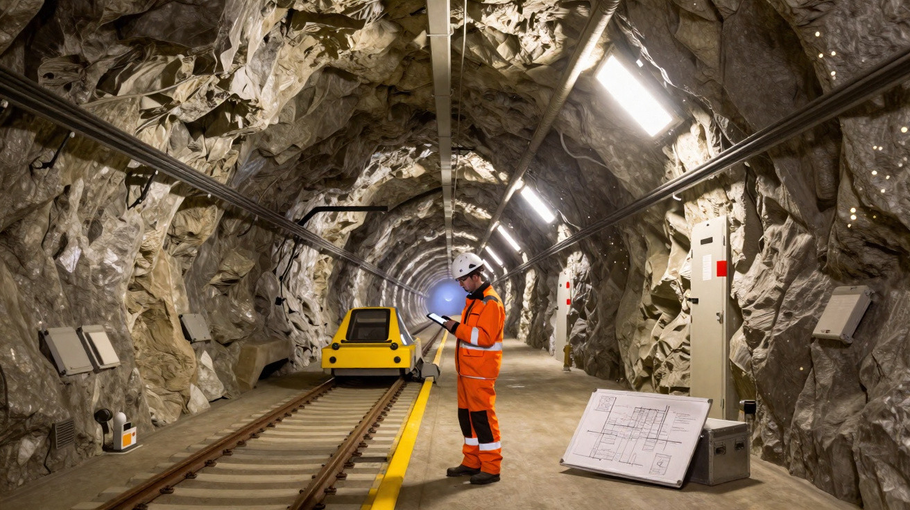 Bergwerksarbeiter in oranger Schutzkleidung prüft Notizen im beleuchteten Tunnel mit Gleisen und gelbem Fahrzeug.