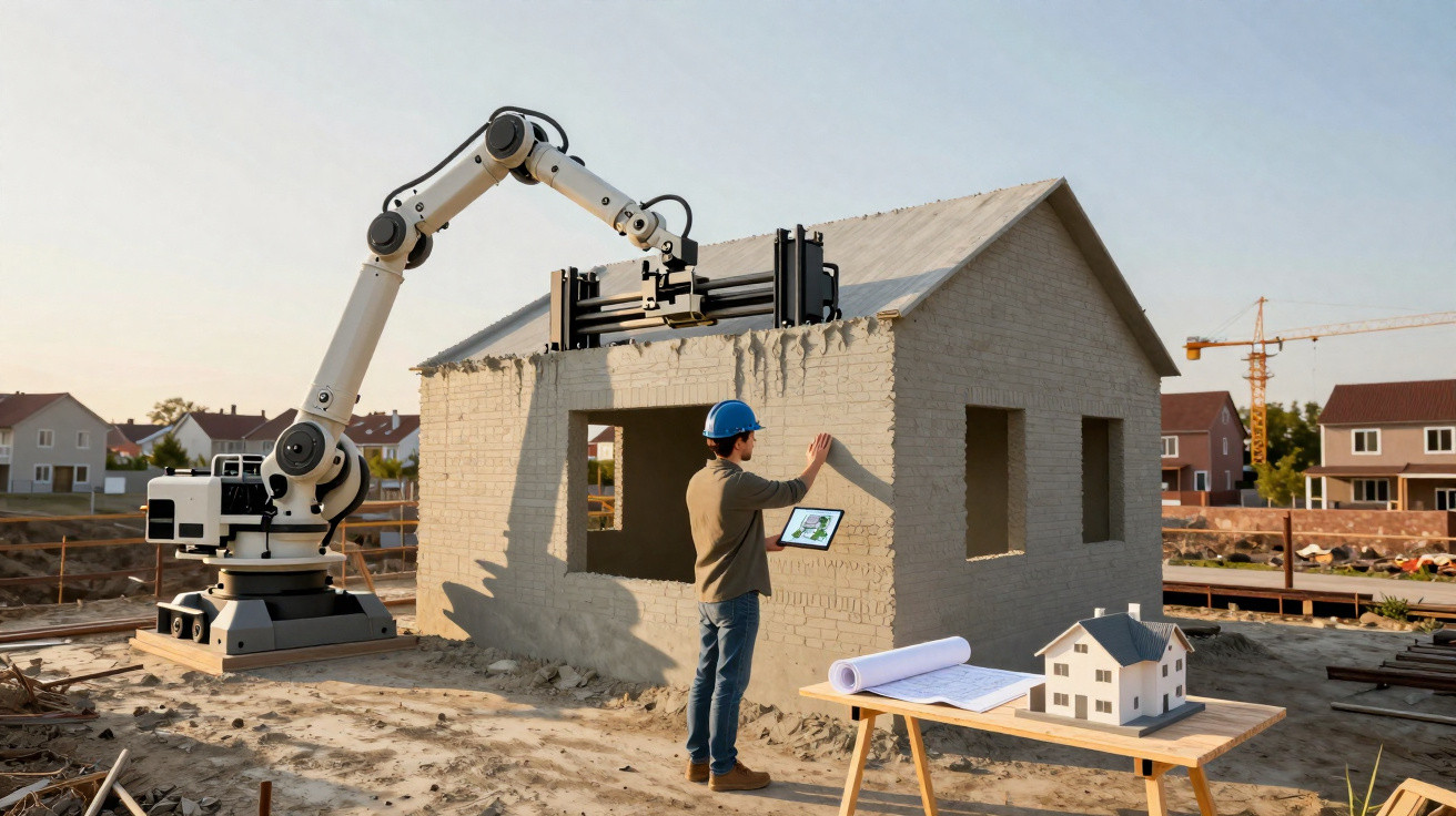 Bauarbeiter mit Tablet überwacht 3D-Drucker beim Errichten eines Hauses aus Betonblöcken.