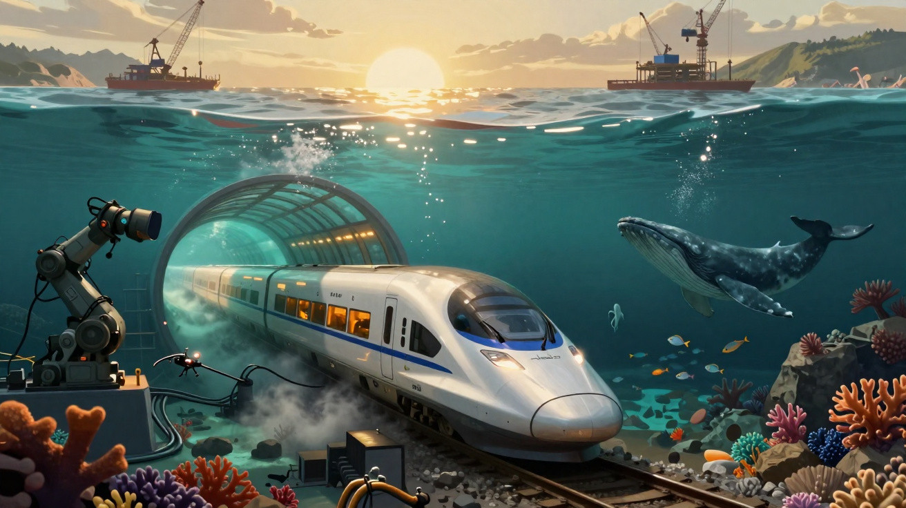 Hochgeschwindigkeitszug fährt unter Wasser durch Tunnel mit Meerestieren und Korallen bei Sonnenuntergang.