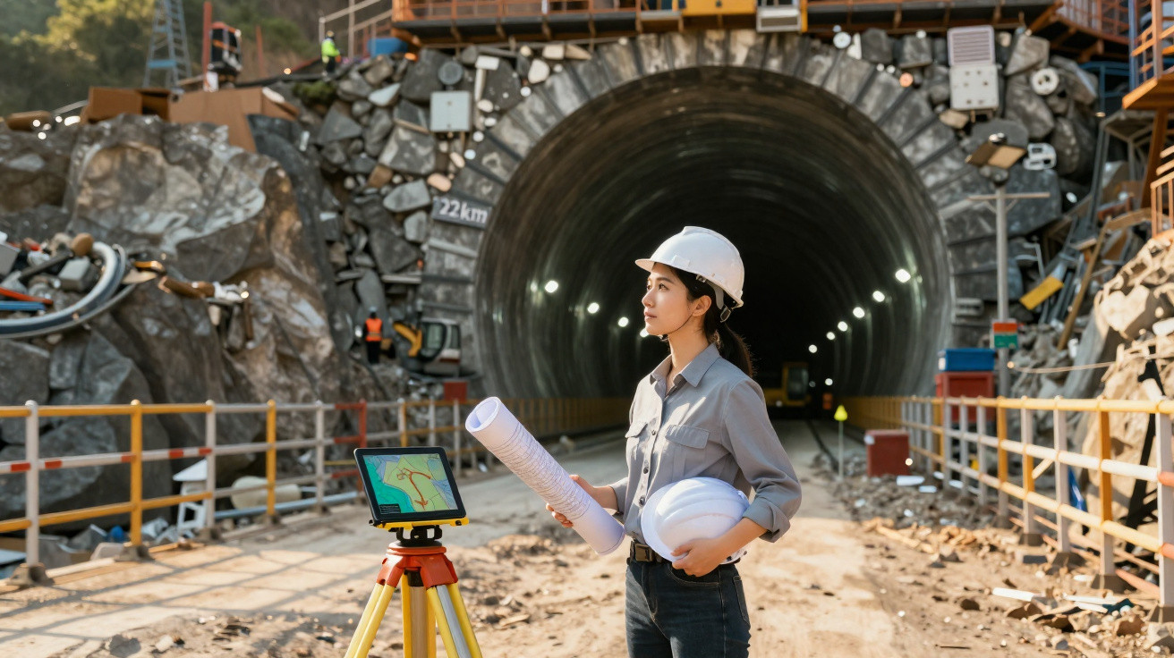 Bauingenieurin mit Helm und Bauplänen vor Tunnelbaustelle mit Vermessungsgerät.