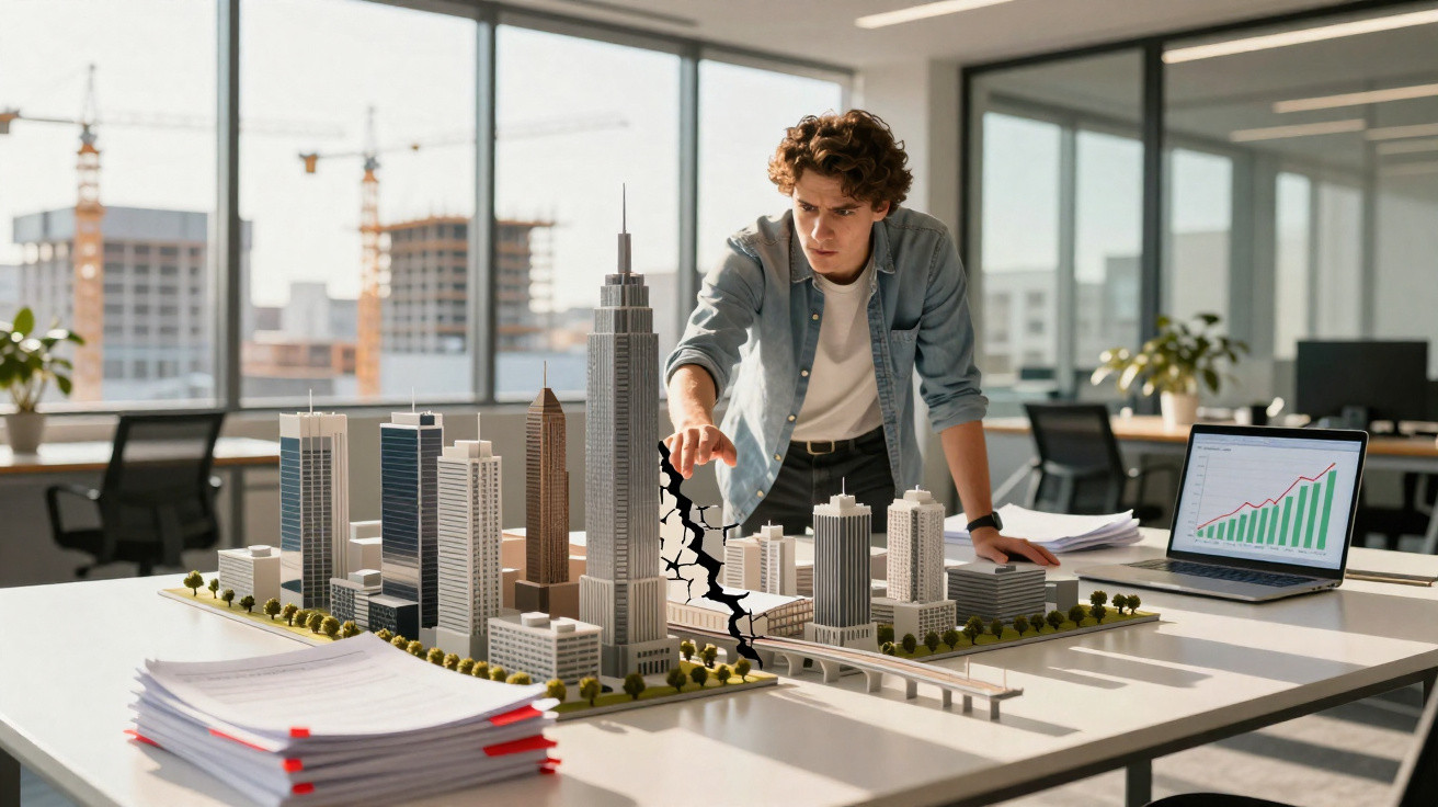 Junger Mann untersucht Riss in Stadtmodell in modernem Büro mit Laptop und Diagramm am Tisch.
