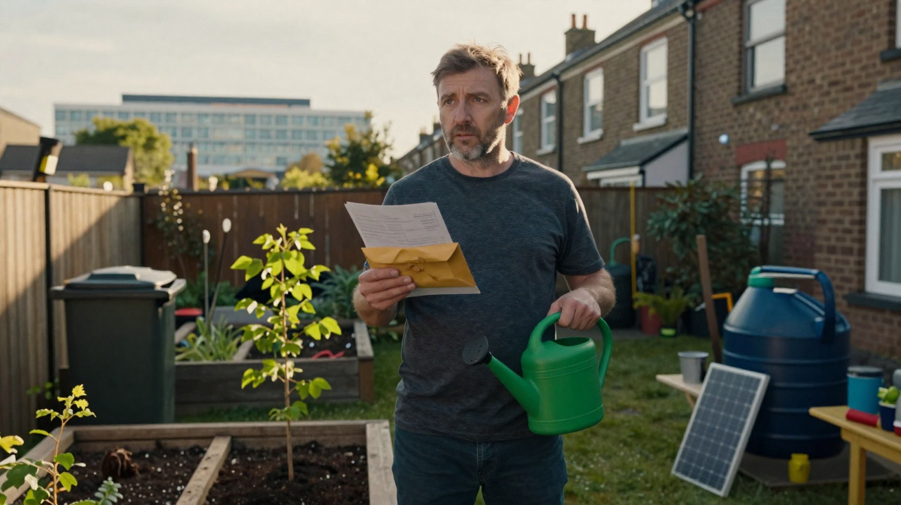 Mann im Garten liest ein Schreiben, hält eine grüne Gießkanne, umgeben von Pflanzen und Gartengeräten.