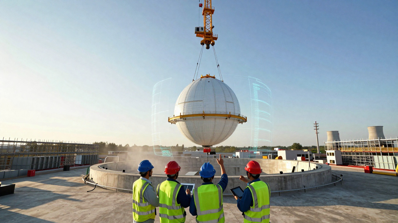 Bauarbeiter mit Schutzhelmen heben große weiße Kugel mit Kran auf einer Baustelle bei klarem Himmel.