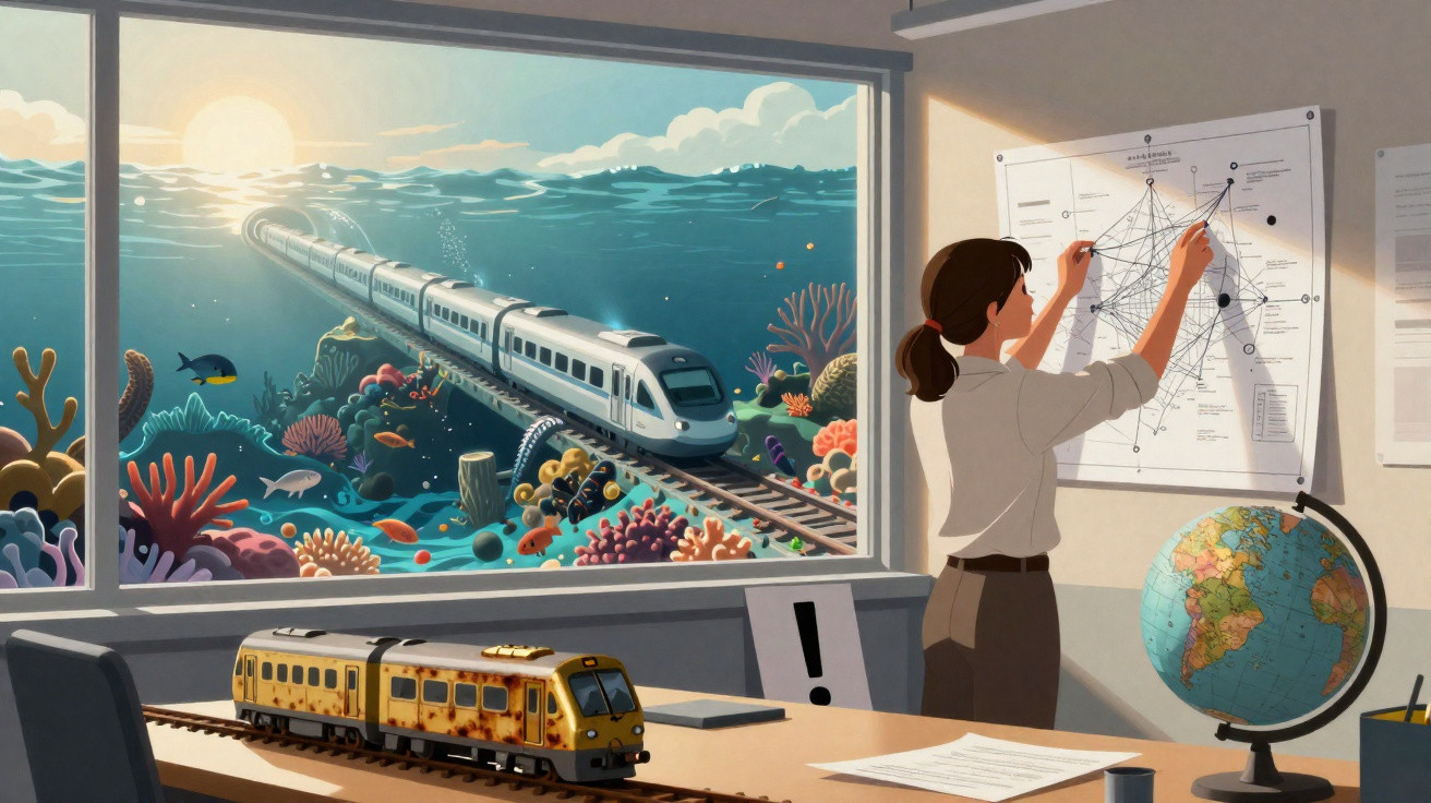 Frau zeichnet Netzdiagramm an Wand, darunter Modellzug und Globus, draußen Zug fährt unter Wasser mit Sonne am Horizont.