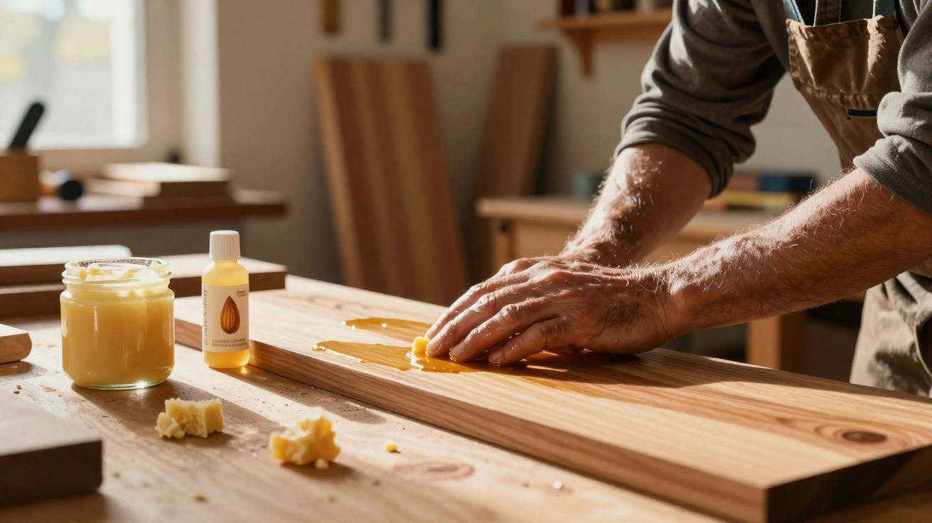 Handwerker trägt Holzpflegecreme auf ein Holzbrett in einer Werkstatt auf.