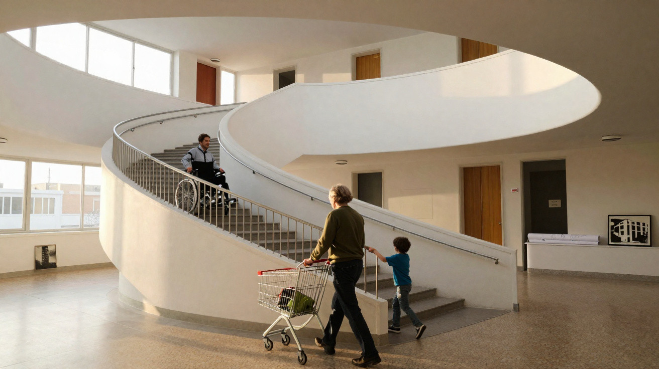 Ein Mann im Rollstuhl fährt eine breite, geschwungene Treppe im hellen Innenraum hinauf.