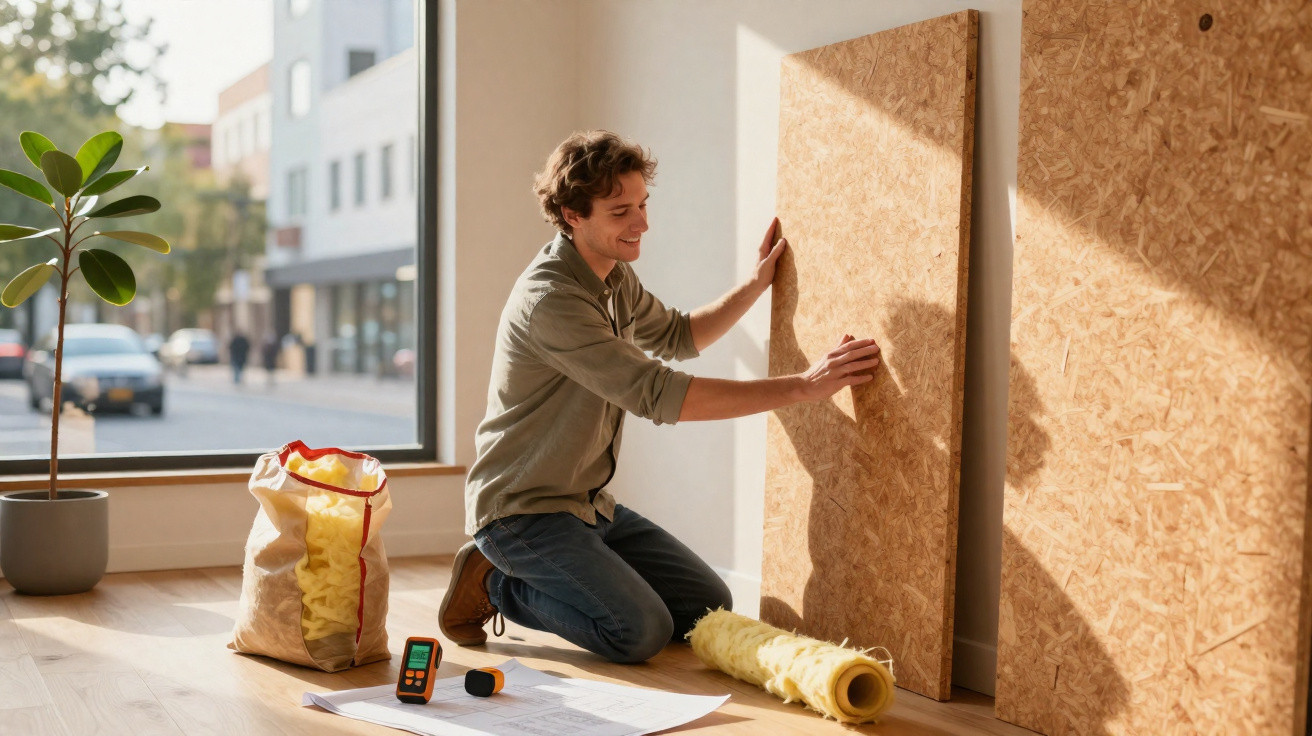 Junger Mann kniet und bringt Holzplatten an Wand zum Heimwerken in hellem Raum an.