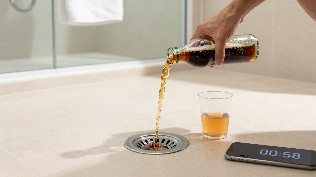 Hand gießt Cola aus Flasche in Bodenablauf, neben Plastikbecher und Smartphone mit Wecker.