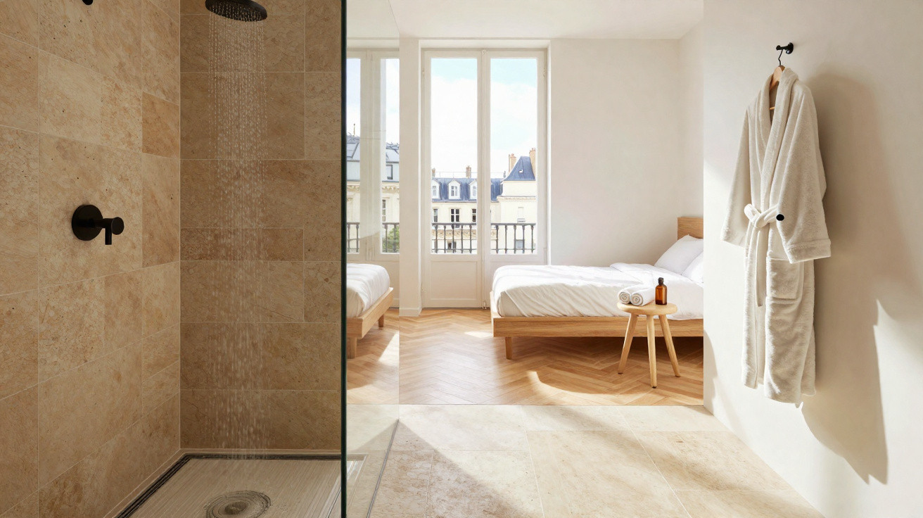 Helles Hotelzimmer mit Dusche, französischem Balkon, Bett, kleinem Nachttisch und weißem Bademantel an der Wand.