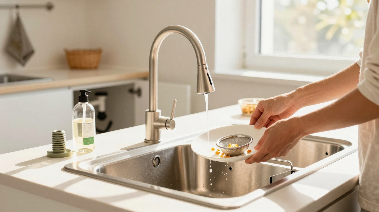 Person spült Teller unter laufendem Wasserhahn in moderner Küche mit Edelstahlspüle.