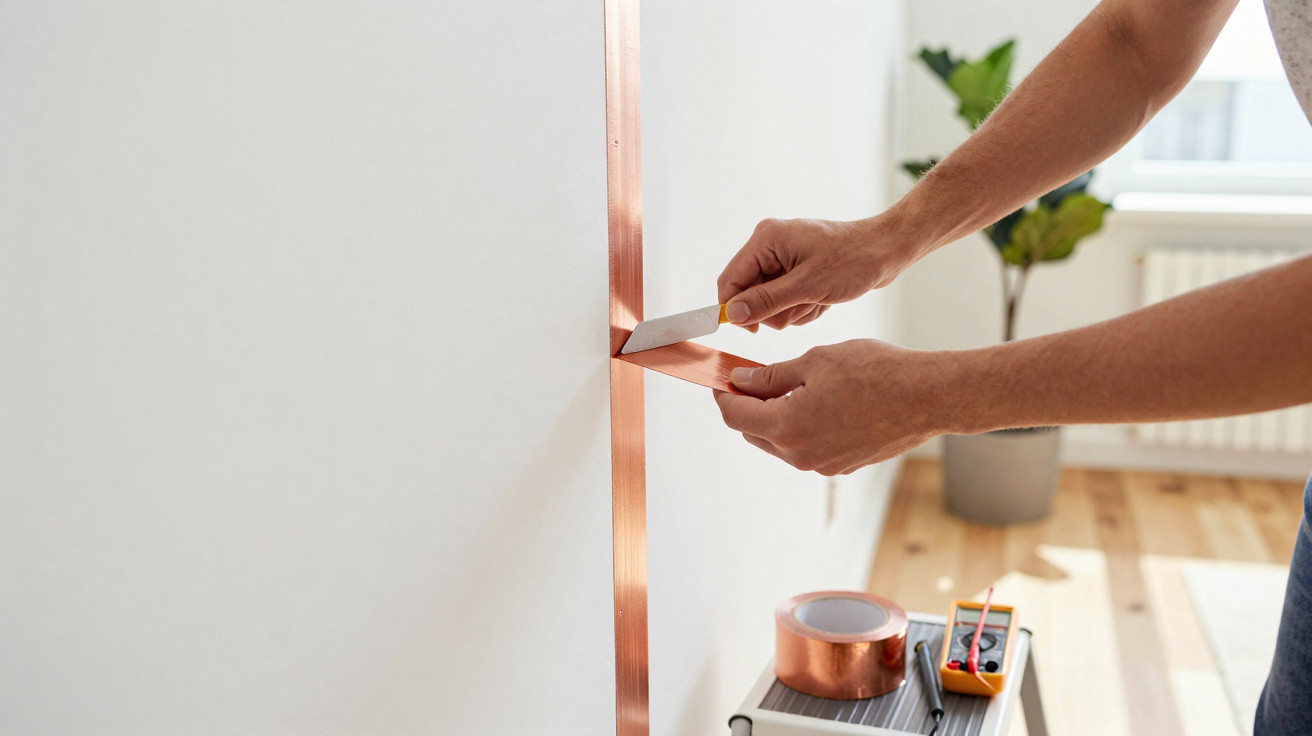 Person bringt Kupferklebeband an weiße Wand an, nutzt Messer zum Glätten, Elektrowerkzeug und Pflanze im Hintergrund sichtbar