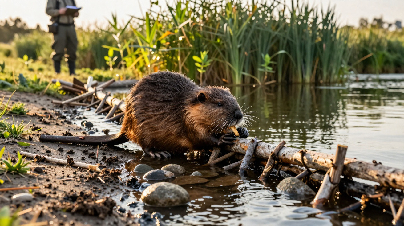 Biber nagt an einem Ast am Ufer eines Gewässers mit Schilf im Hintergrund bei Sonnenuntergang.